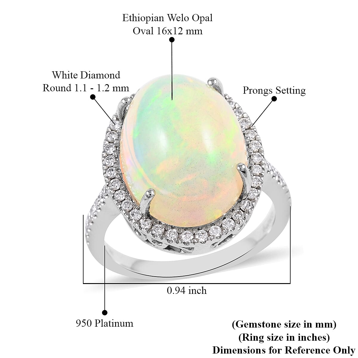 Rhapsody 6.50 ctw AAAA Ethiopian Welo Opal and Diamond E-F VS Halo Ring in 950 Platinum (Size 10.0) 8 Grams