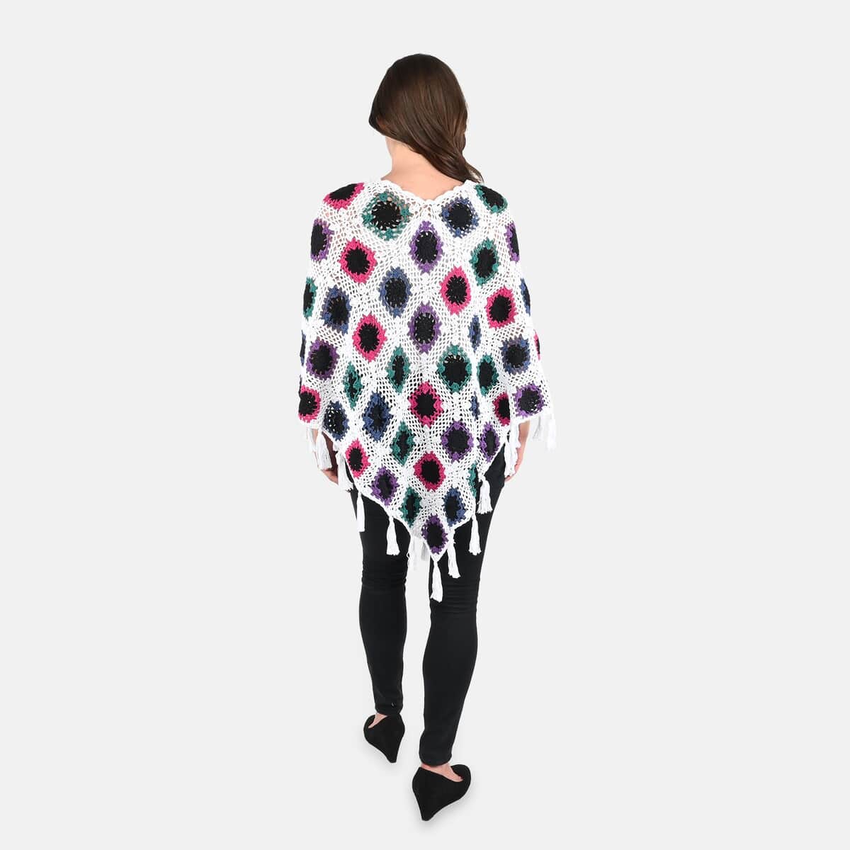 Passage Women's Cotton Poncho Crochet White and Multi Color Square Poncho (One Size) image number 1