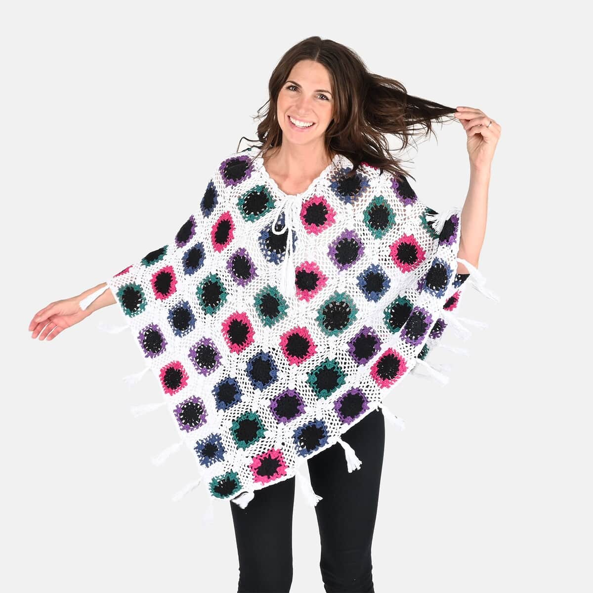 PASSAGE 100% Cotton Crochet White and Multi Color Square Poncho (One Size) image number 3