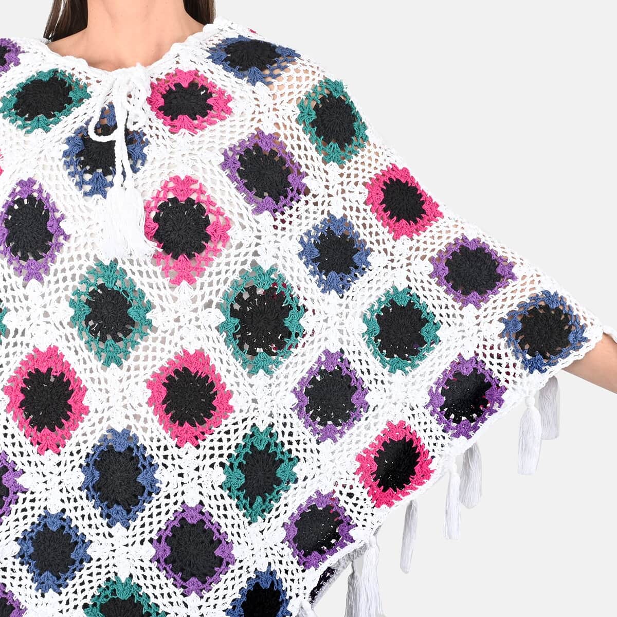 Passage Women's Cotton Poncho Crochet White and Multi Color Square Poncho (One Size) image number 4