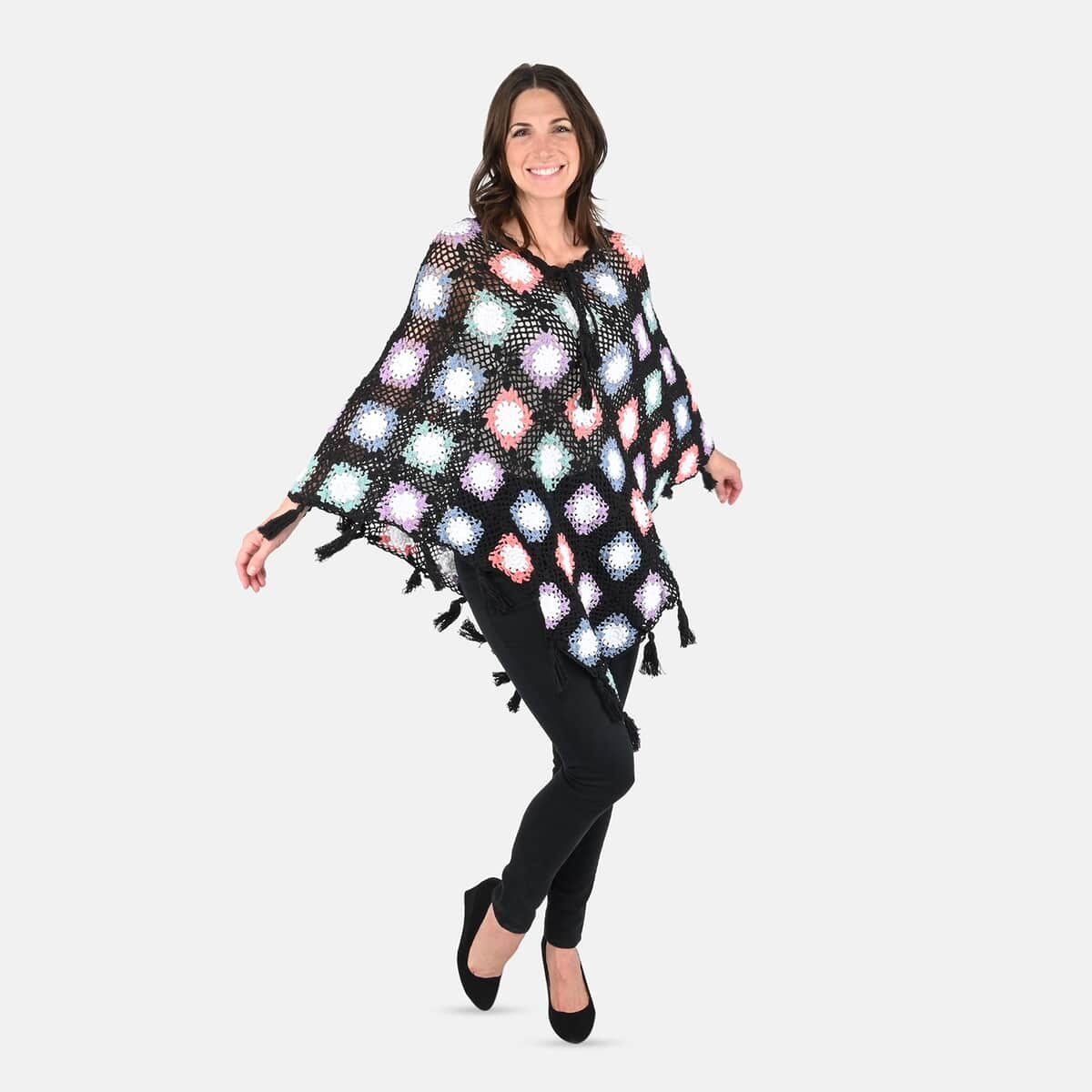 Passage Women's Cotton Poncho Crochet Black and Multi Color Square Poncho (One Size) image number 0