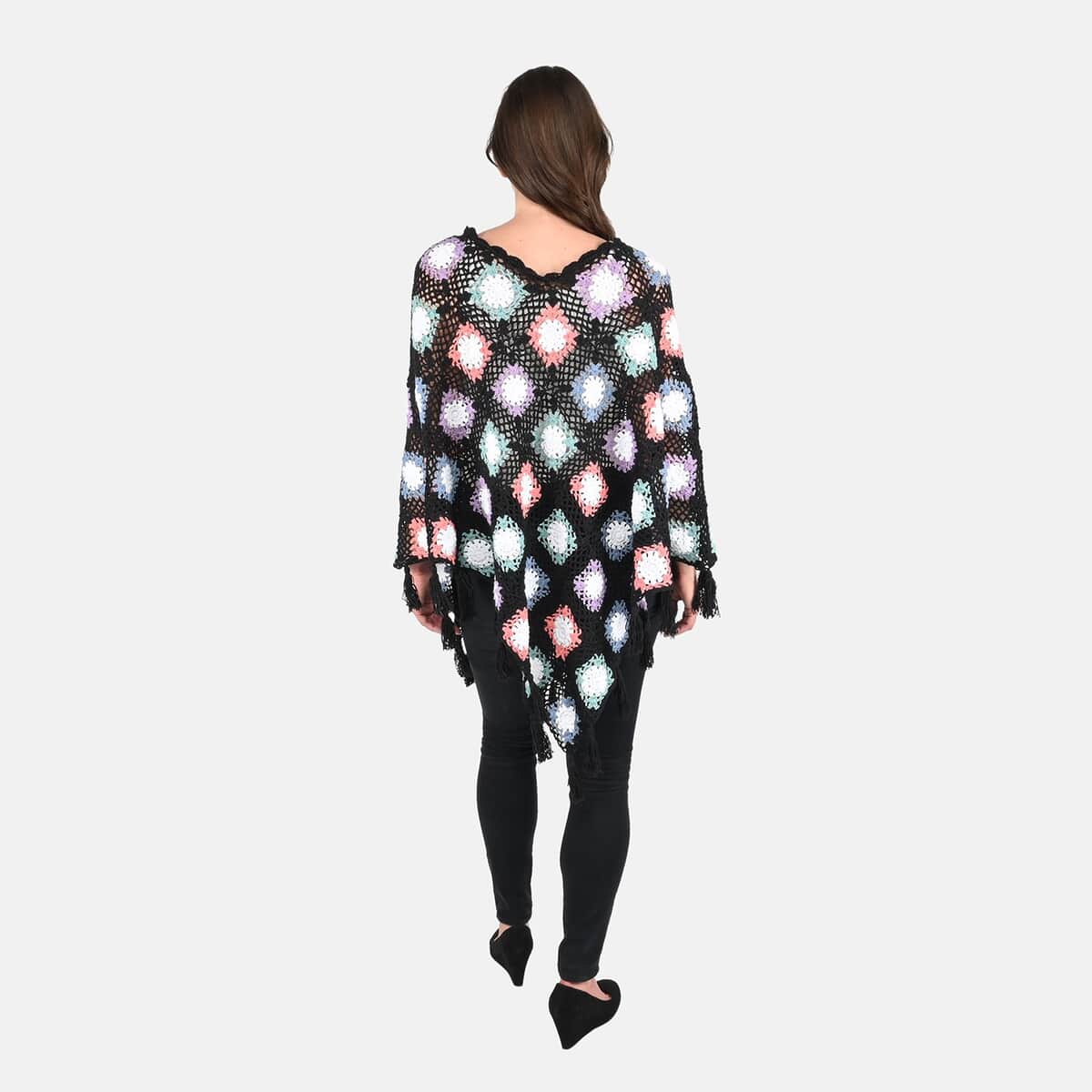 Passage Women's Cotton Poncho Crochet Black and Multi Color Square Poncho (One Size) image number 1
