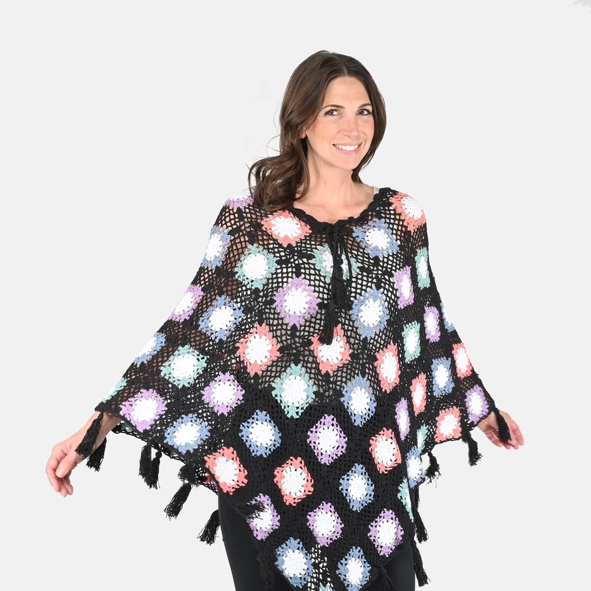 Passage Women's Cotton Poncho Crochet Black and Multi Color Square Poncho (One Size) image number 3