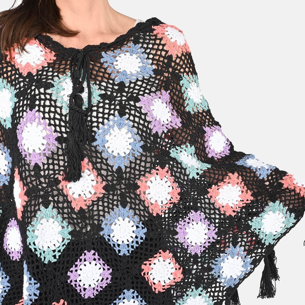Passage Women's Cotton Poncho Crochet Black and Multi Color Square Poncho (One Size) image number 4