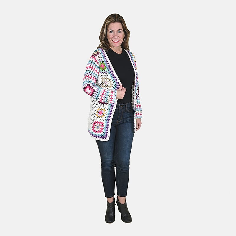 Passage 100% Cotton Crochet White and Multi Color Square Cardigan for Women, Bohemian Sweater, Open Front- (S)