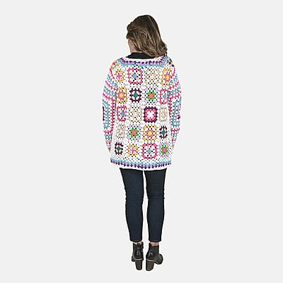 Passage 100% Cotton Crochet White and Multi Color Square Cardigan for Women, Bohemian Sweater, Open Front- (S)