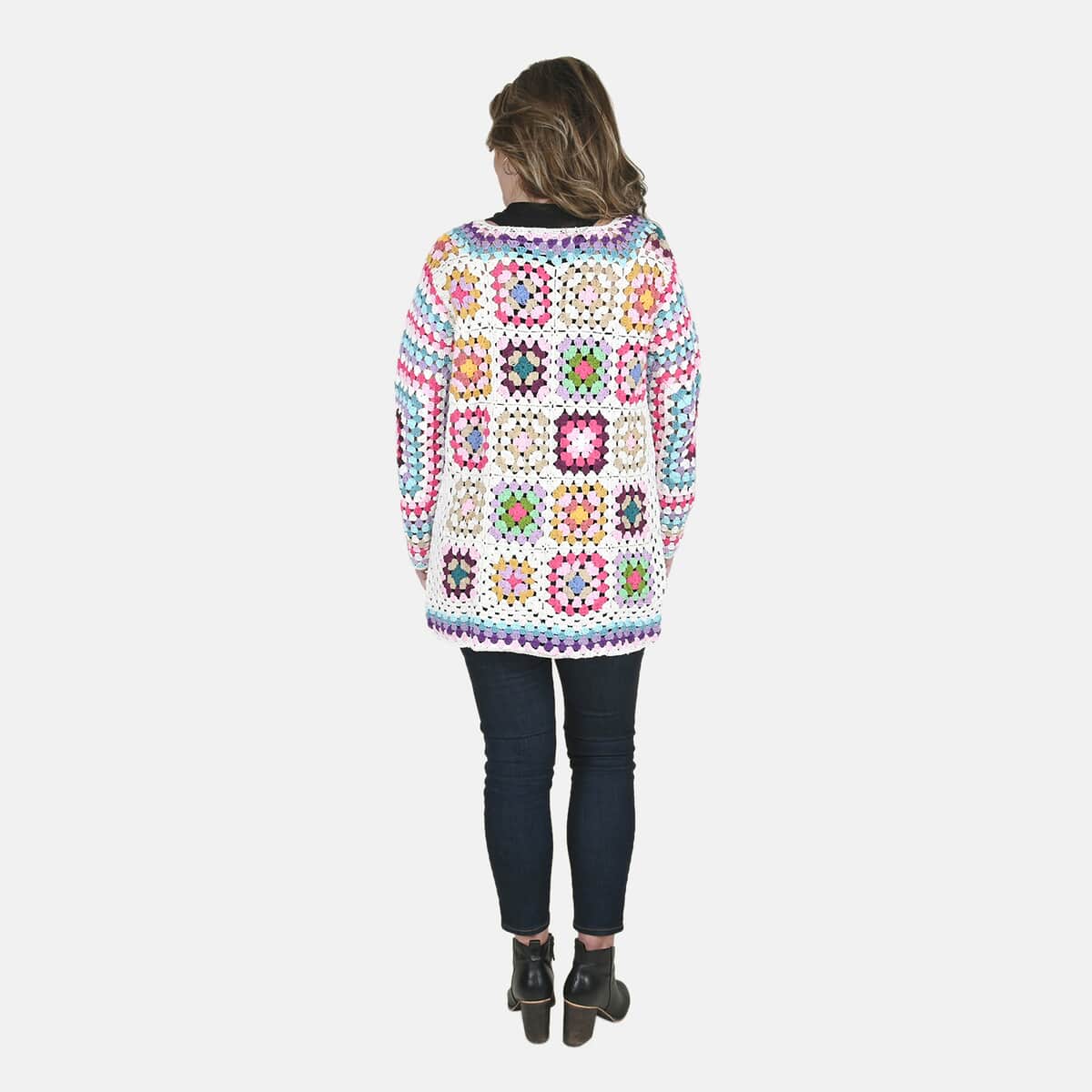 PASSAGE 100% Cotton Crochet White and Multi Color Square Cardigan- (S) image number 1