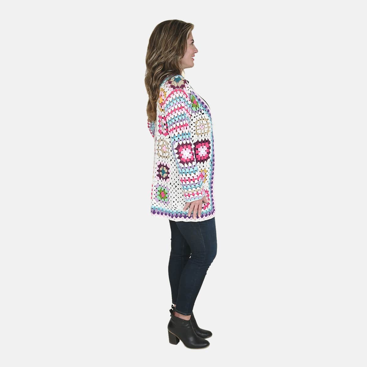 PASSAGE 100% Cotton Crochet White and Multi Color Square Cardigan- (S) image number 2