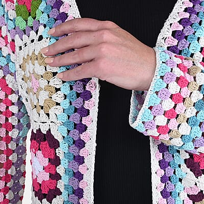 Passage 100% Cotton Crochet White and Multi Color Square Cardigan for Women, Bohemian Sweater, Open Front- (S)