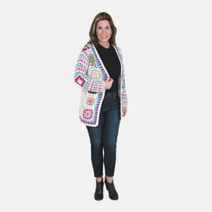 PASSAGE 100% Cotton Crochet White and Multi Color Square Cardigan- (M)