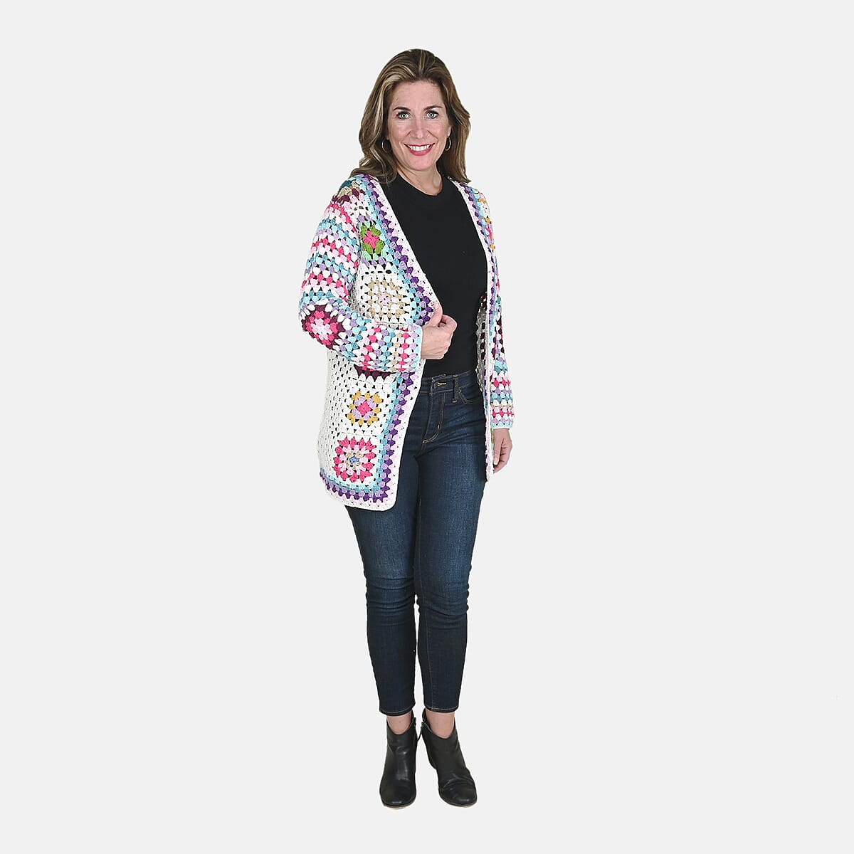 Passage 100% Cotton Crochet White and Multi Color Square Cardigan- (M) image number 0