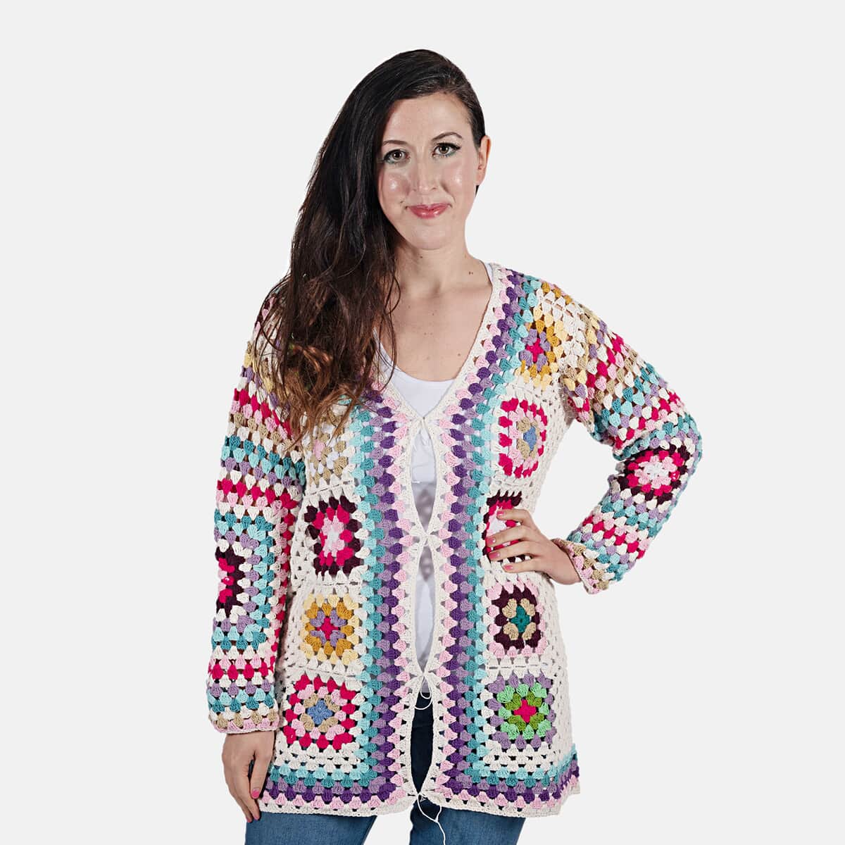 Passage 100% Cotton Crochet White and Multicolor Square Cardigan- (3X) image number 0