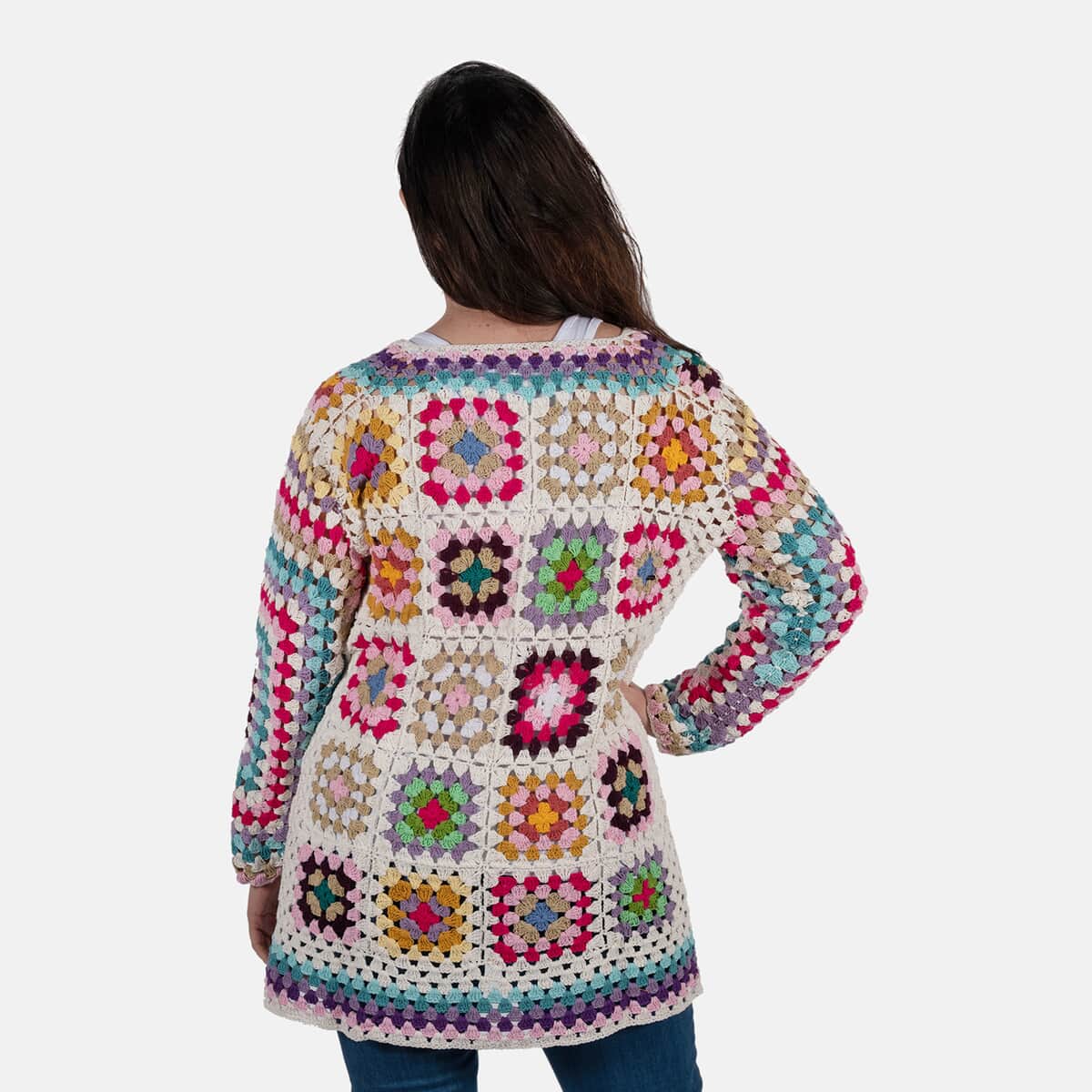 Passage 100% Cotton Crochet White and Multicolor Square Cardigan- (3X) image number 1
