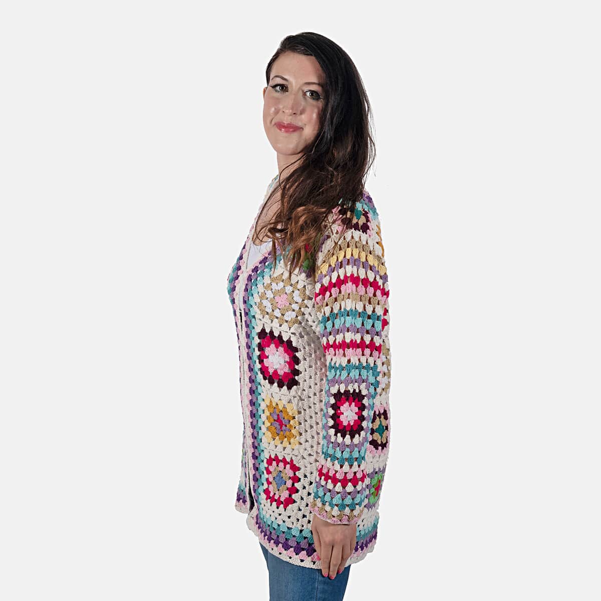 Passage 100% Cotton Crochet White and Multicolor Square Cardigan- (3X) image number 2