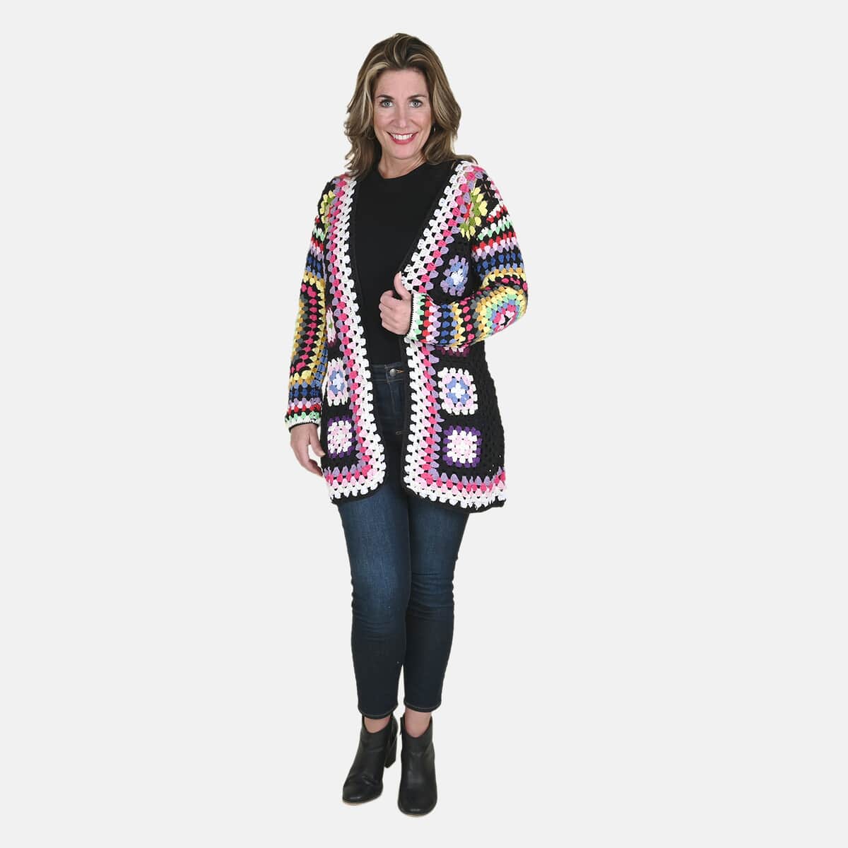 Passage 100% Cotton Crochet Black and Multi Color Open Front Long Sleeve Cardigan For Women -M image number 0