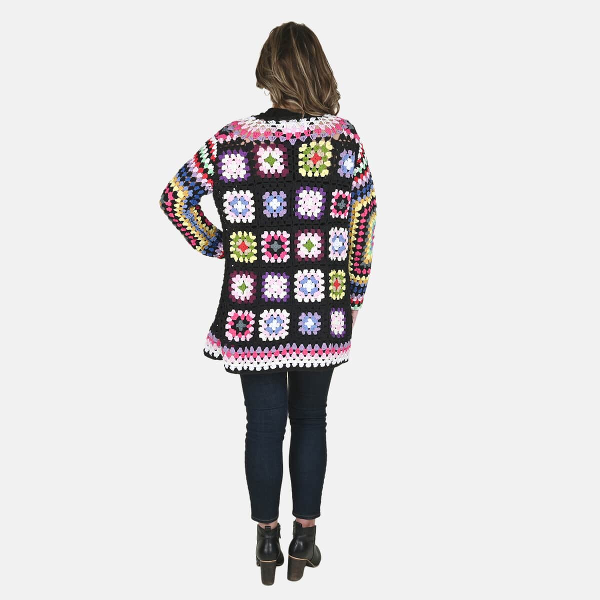 Passage 100% Cotton Crochet Black and Multi Color Open Front Long Sleeve Cardigan For Women -M image number 1