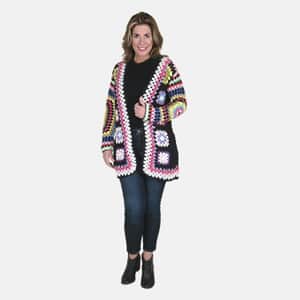 PASSAGE 100% Cotton Crochet Black and Multi Color Square Cardigan- (L)