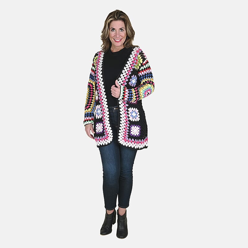 Passage 100% Cotton Crochet Black and Multi Color Square Cardigan- (L)