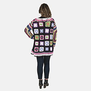 Passage 100% Cotton Crochet Black and Multi Color Square Cardigan- (L)