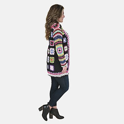 Passage 100% Cotton Crochet Black and Multi Color Square Cardigan- (L)