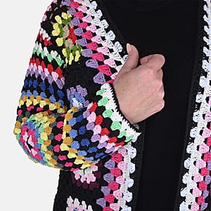 Passage 100% Cotton Crochet Black and Multi Color Square Cardigan- (L)