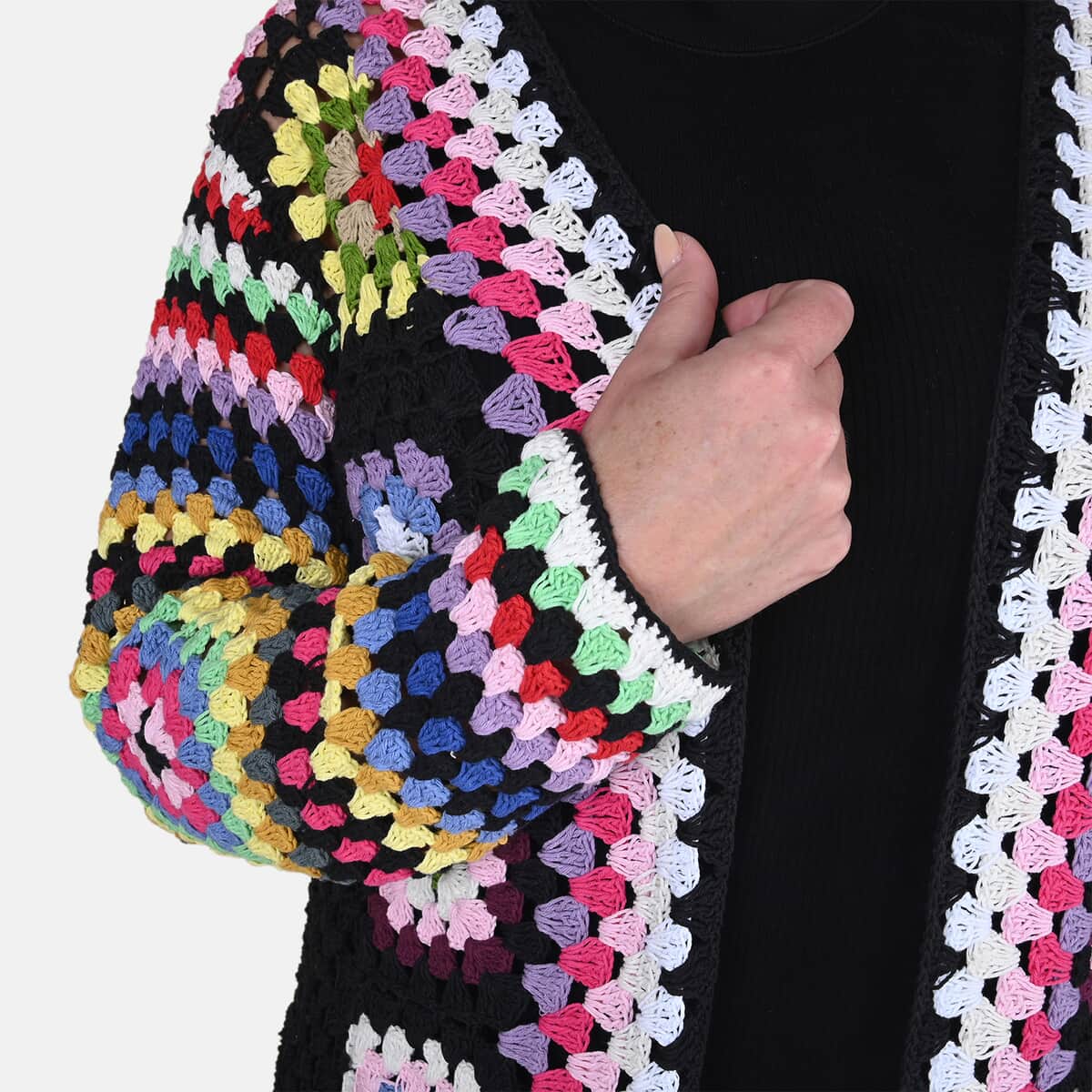 Passage 100% Cotton Crochet Black and Multi Color Square Cardigan- (L) image number 3
