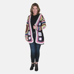 PASSAGE 100% Cotton Crochet Black and Multi Color Square Cardigan- (1X)