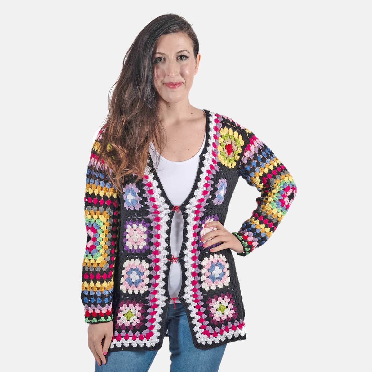 Passage 100% Cotton Crochet Black and Multi Color Square Cardigan- (2X) image number 0