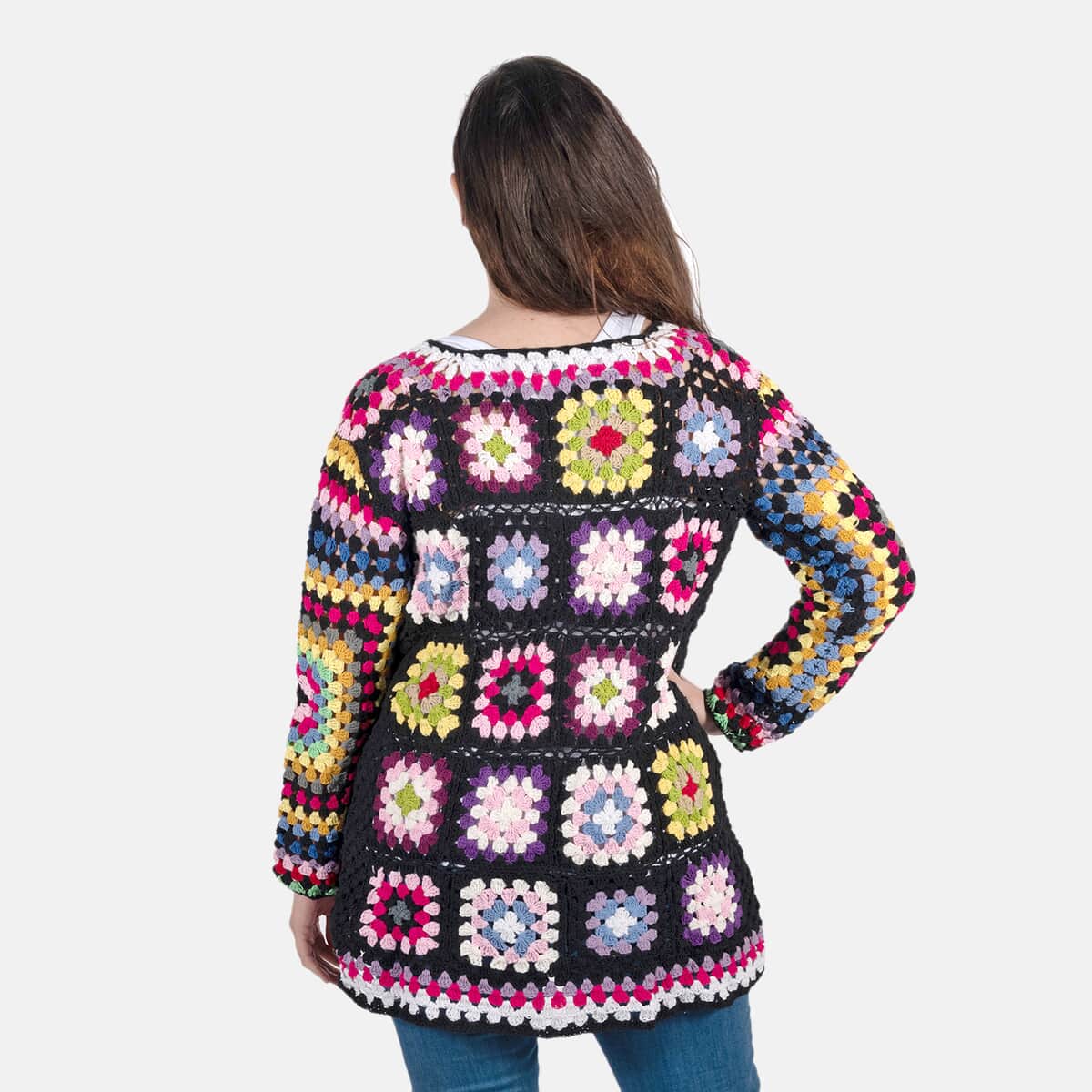 Passage 100% Cotton Crochet Black and Multi Color Square Cardigan- (2X) image number 1