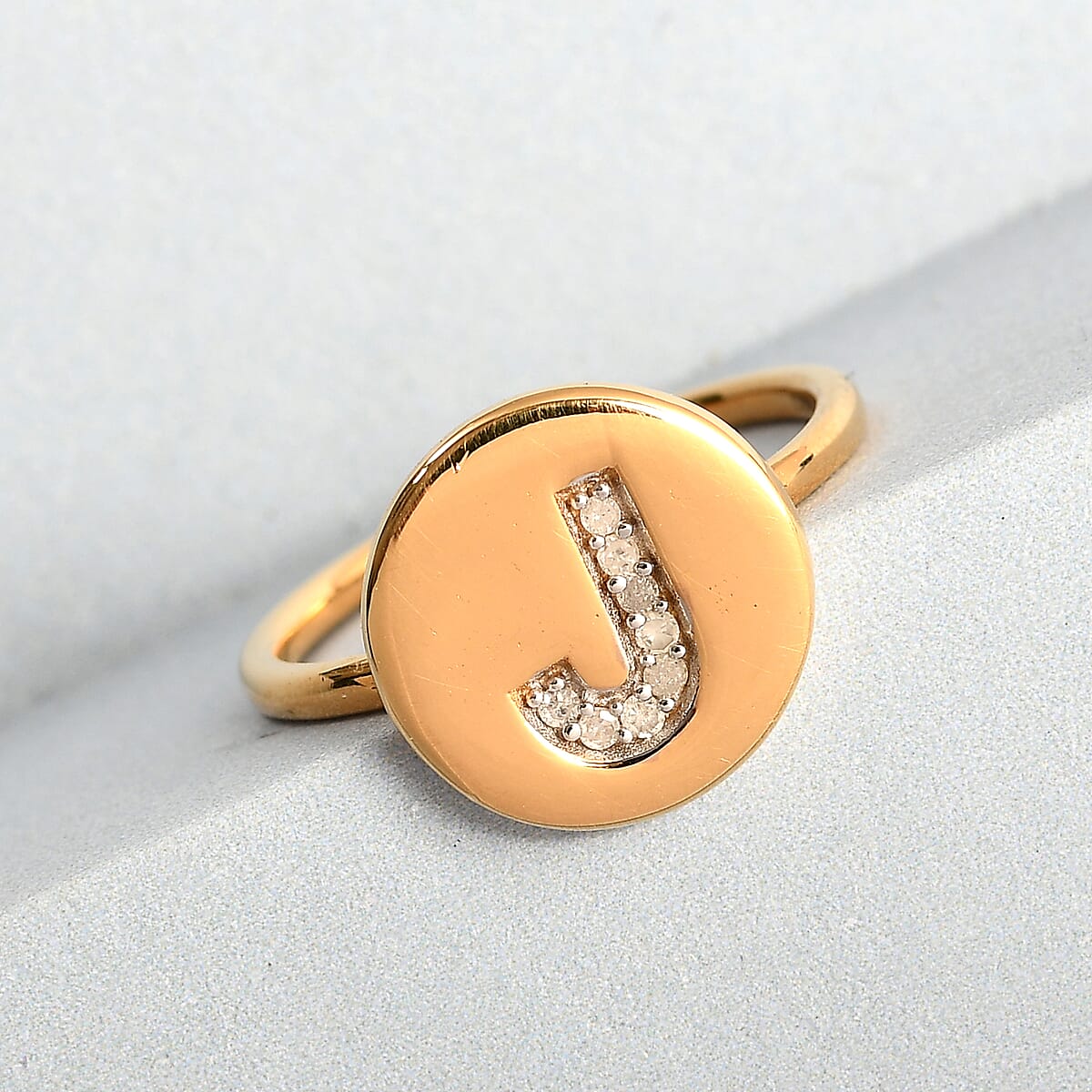 Diamond Initial J Ring in 14K Yellow Gold Over Sterling Silver (Size 8.0) 0.05 ctw image number 1
