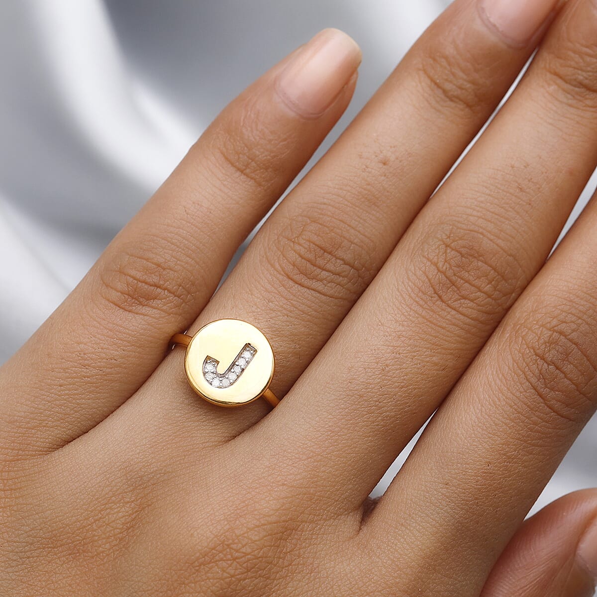 Diamond Initial J Ring in 14K Yellow Gold Over Sterling Silver (Size 8.0) 0.05 ctw image number 2