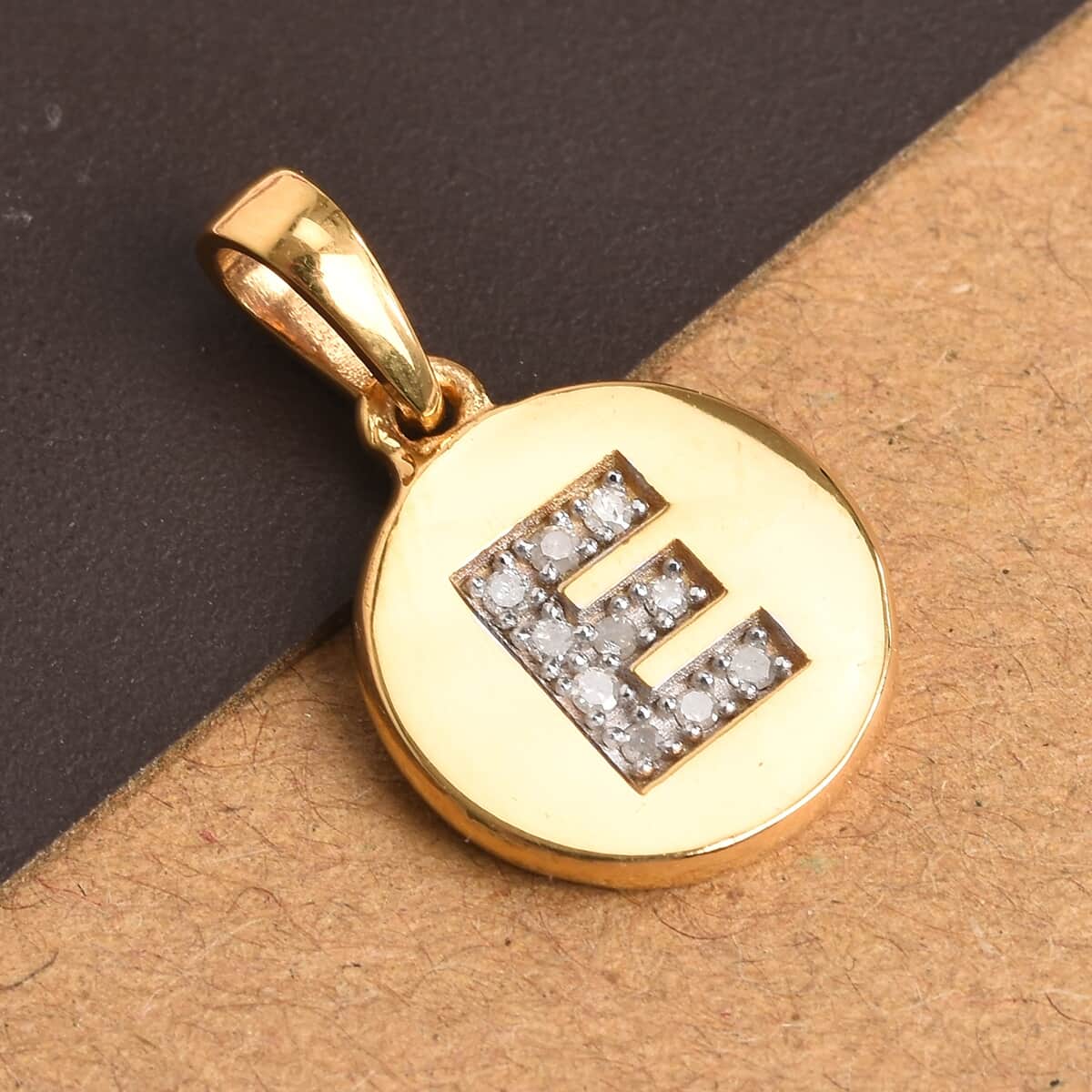 Lolos Exclusive Pick's Diamond Initial E Pendant in 14K Yellow Gold Over Sterling Silver 0.06 ctw image number 1