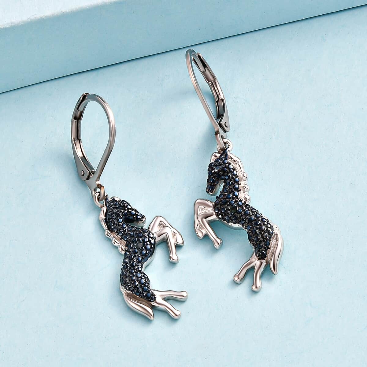 KARIS Blue Diamond Accent Horse Earrings in ION Plated Blue and Platinum Bond image number 1