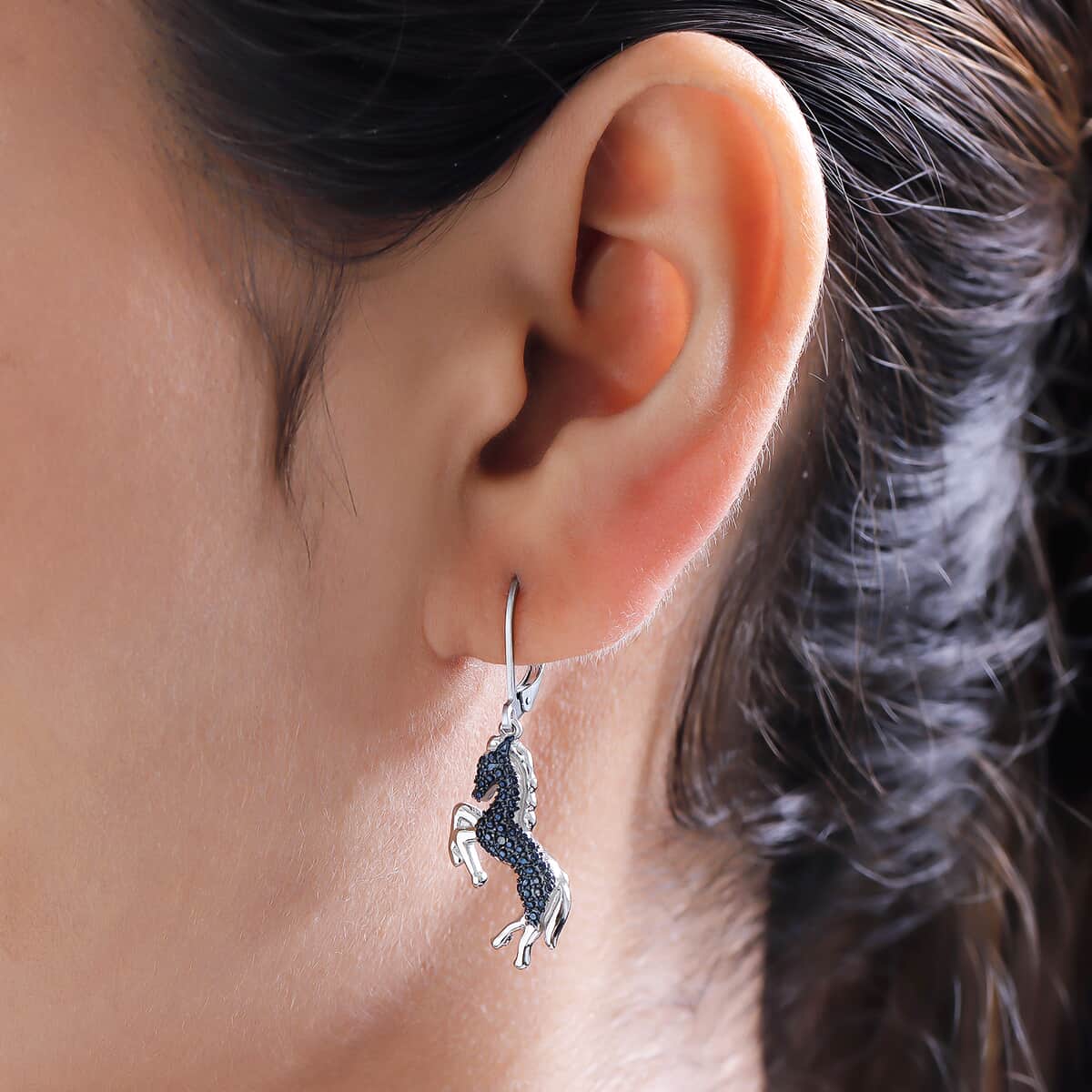 KARIS Blue Diamond Accent Horse Earrings in ION Plated Blue and Platinum Bond image number 2