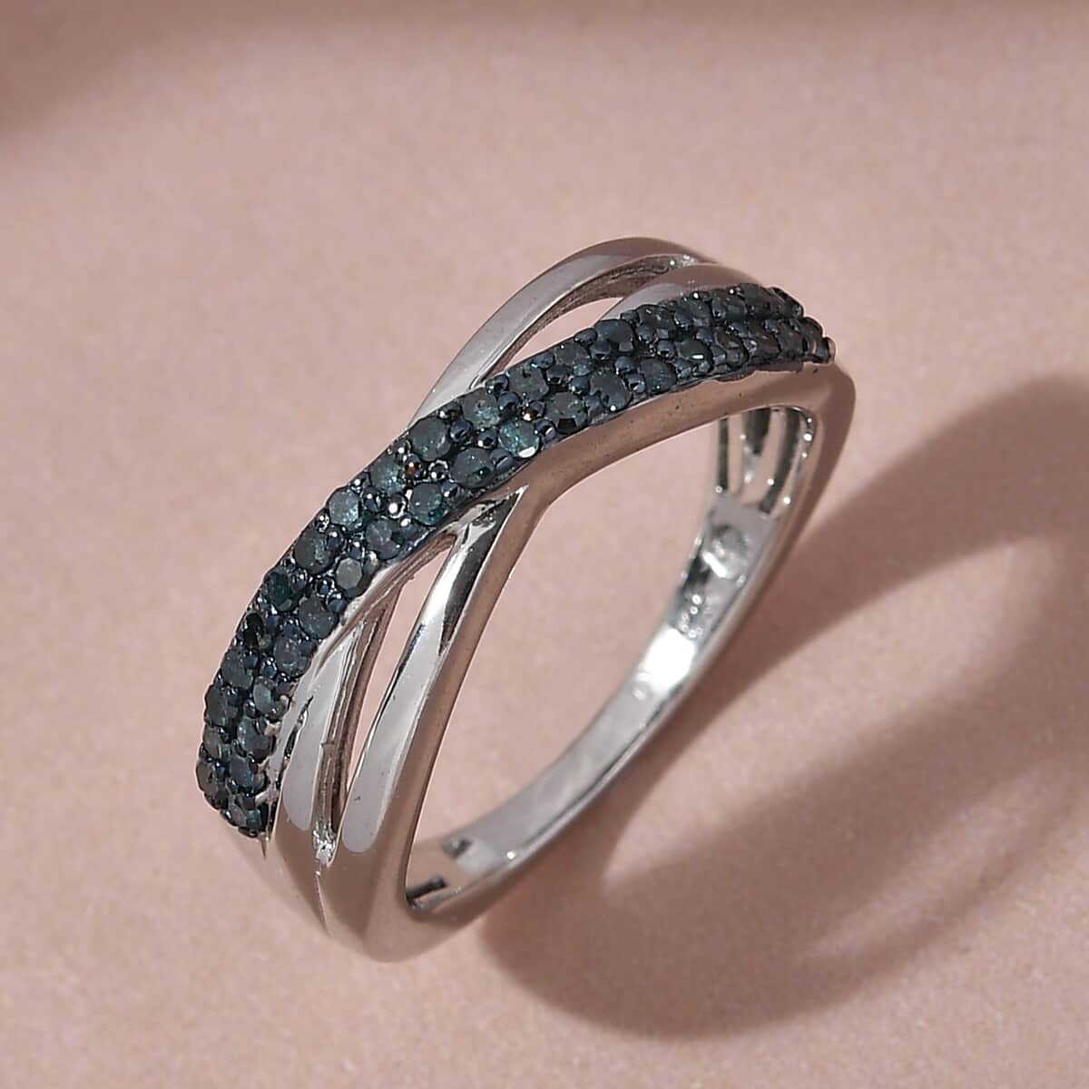 Blue Diamond Criss Cross Ring in Rhodium and Platinum Over Sterling Silver (Size 6.0) 0.33 ctw image number 1
