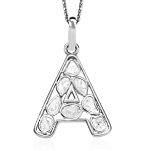 Artisan Crafted Polki Diamond Pendant Necklace, Initial A Pendant Necklace, 20 Inch Necklace in Platinum Over Sterling Silver, Polki Diamond Jewelry 0.50 ctw