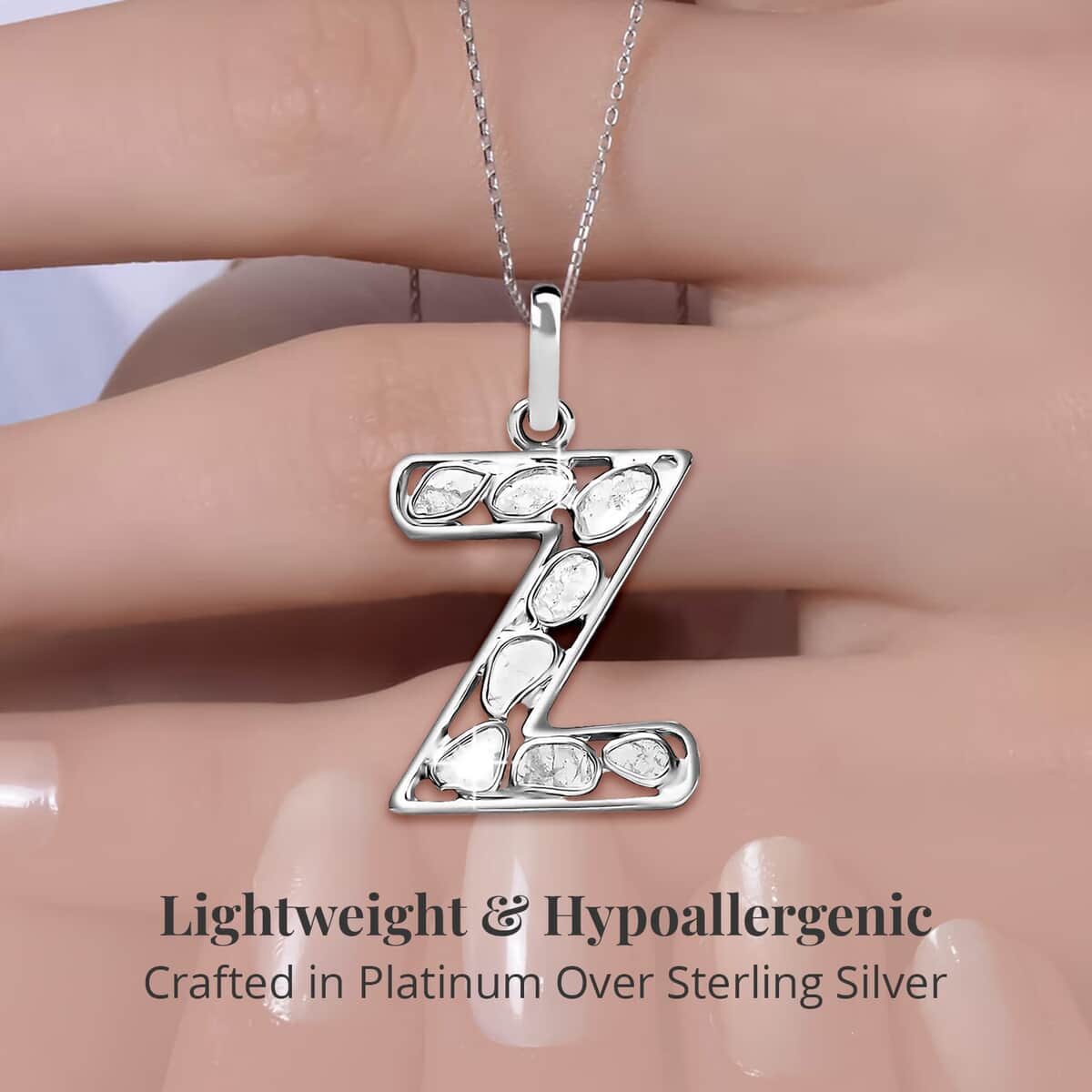Natural Uncut Polki Diamond Initial Z Pendant Necklace  in Platinum Over Sterling Silver 20 Inches 0.50 ctw image number 2