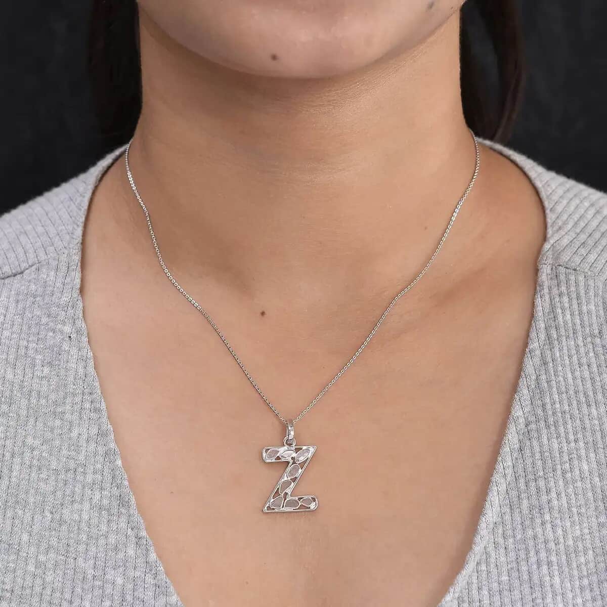 Natural Uncut Polki Diamond Initial Z Pendant Necklace  in Platinum Over Sterling Silver 20 Inches 0.50 ctw image number 6