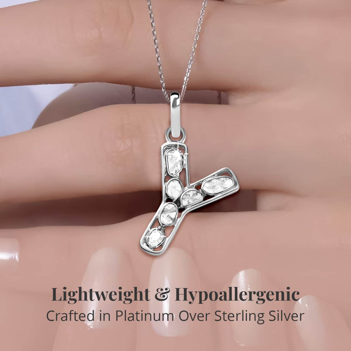 Natural Uncut Polki Diamond Initial Y Pendant Necklace  in Platinum Over Sterling Silver 20 Inches 0.50 ctw image number 2