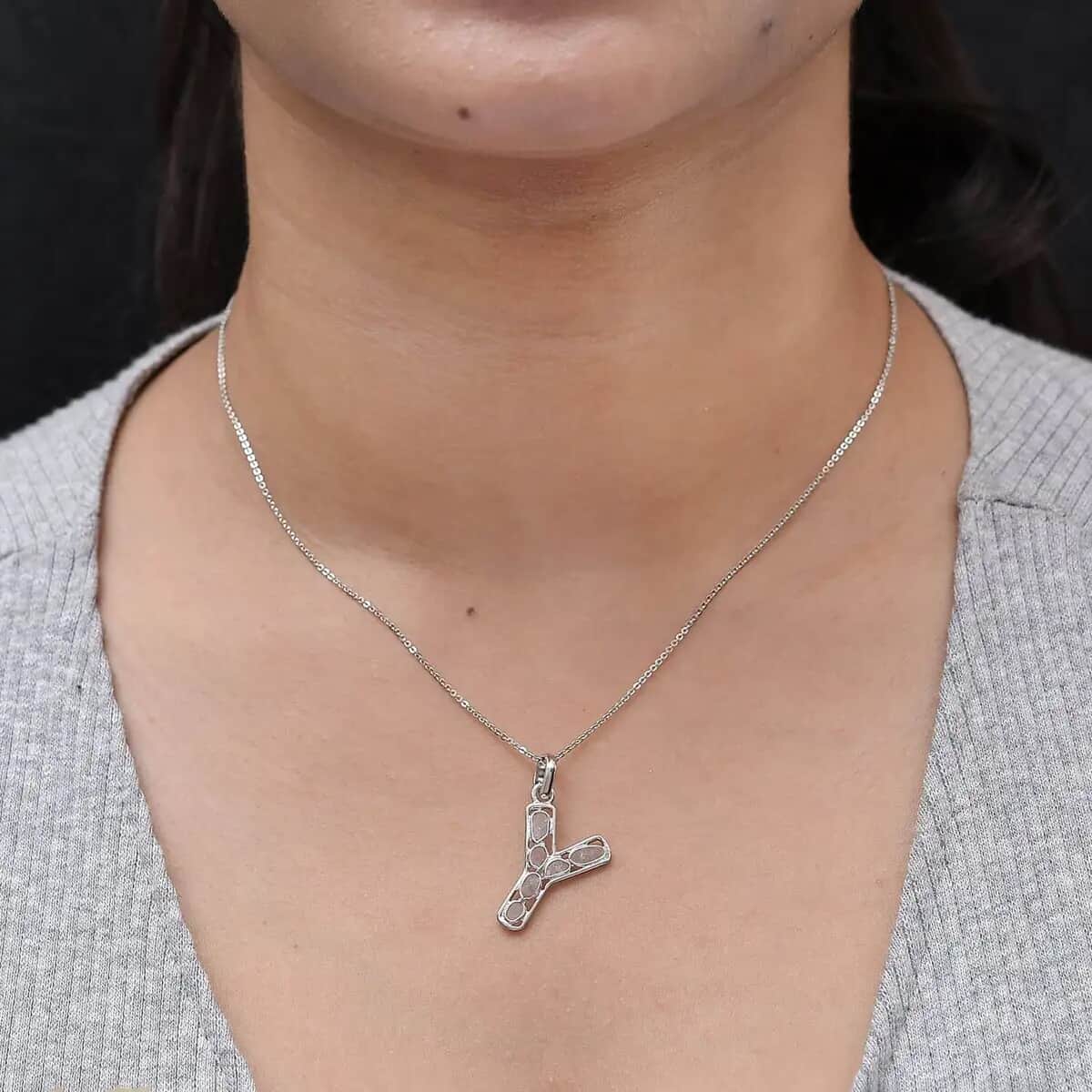 Natural Uncut Polki Diamond Initial Y Pendant Necklace  in Platinum Over Sterling Silver 20 Inches 0.50 ctw image number 6