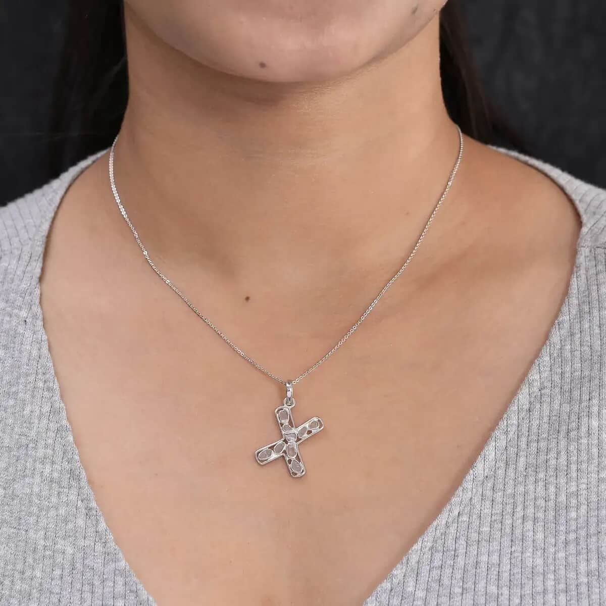 Natural Uncut Polki Diamond Initial X Pendant Necklace  in Platinum Over Sterling Silver 20 Inches 0.50 ctw image number 6