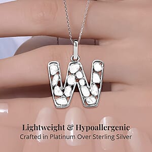 Natural Uncut Polki Diamond 0.50 ctw Initial W Pendant Necklace in Platinum Over Sterling Silver 20 Inches