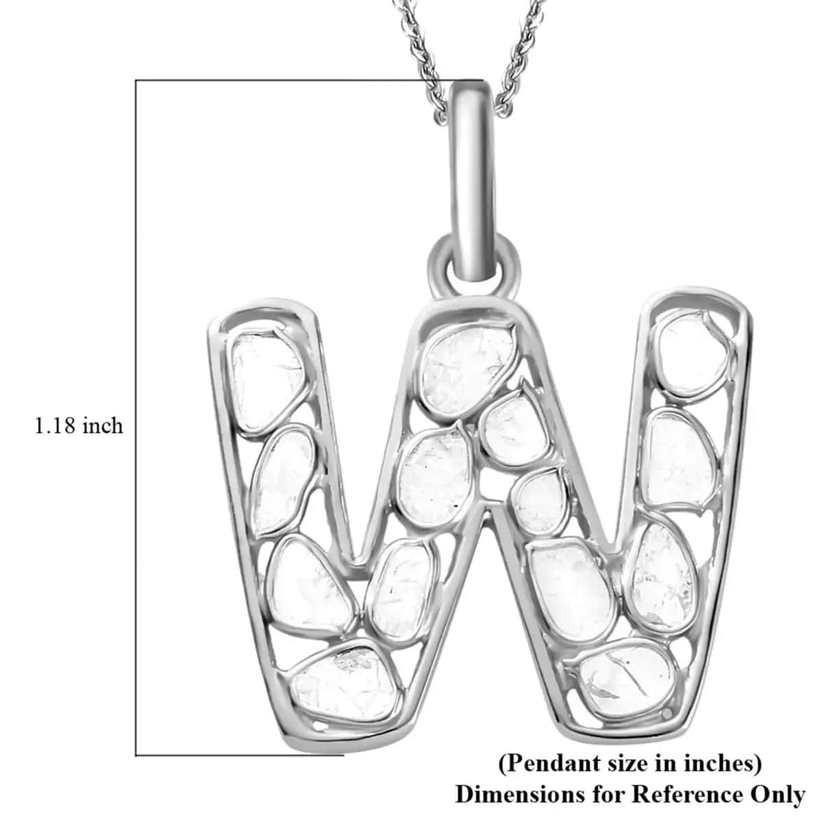 Natural Uncut Polki Diamond Initial W Pendant Necklace (20 Inches) in Platinum Over Sterling Silver image number 5