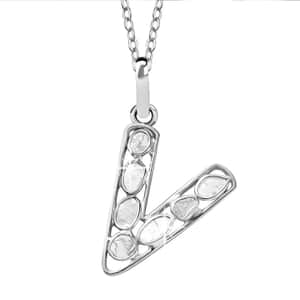 Natural Uncut Polki Diamond Initial V Pendant Necklace (20 Inches) in Platinum Over Sterling Silver