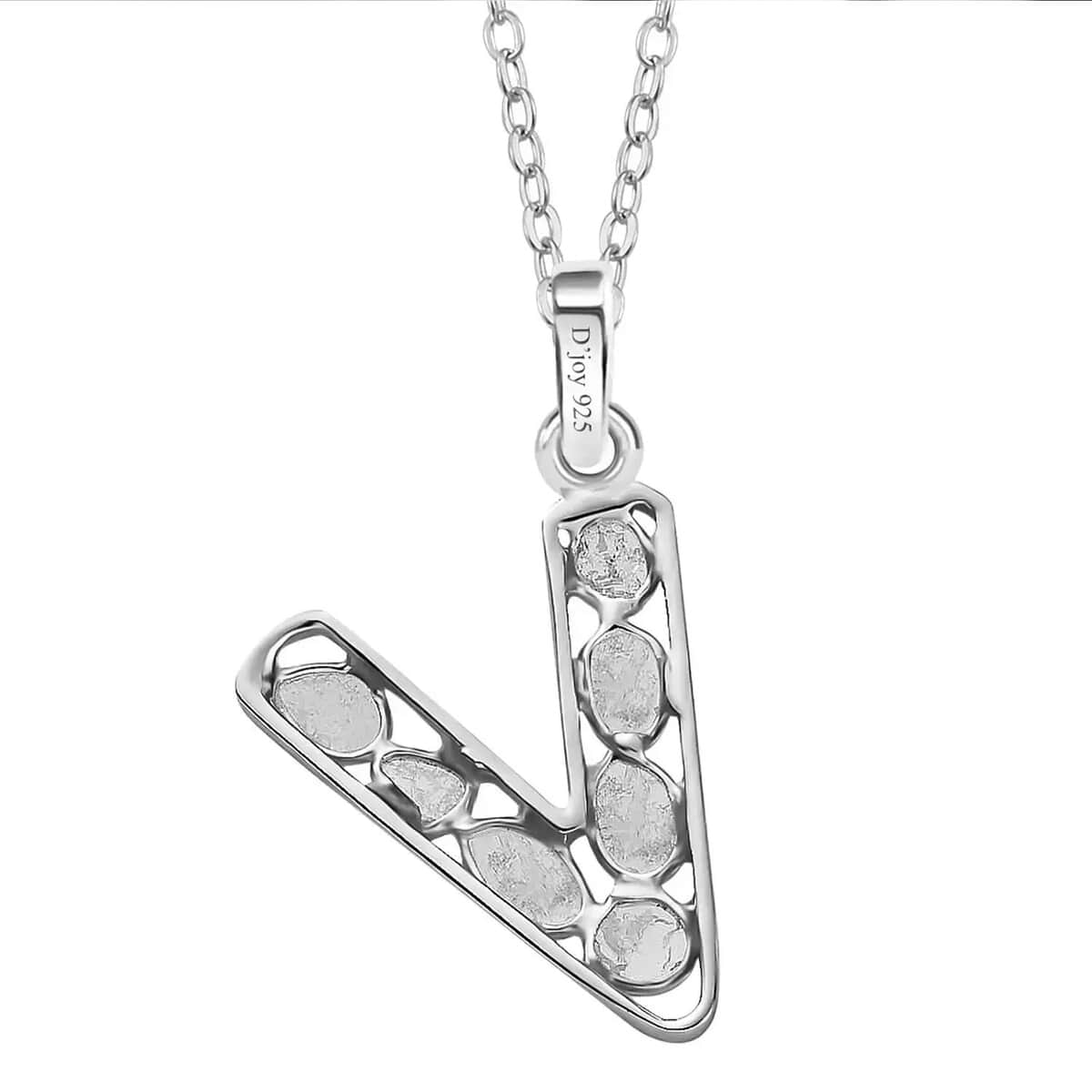 Artisan Crafted Polki Diamond Initial V Pendant Necklace (20 Inches) in Platinum Over Sterling Silver image number 7