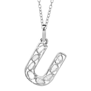 Natural Uncut Polki Diamond Initial U Pendant Necklace (20 Inches) in Platinum Over Sterling Silver