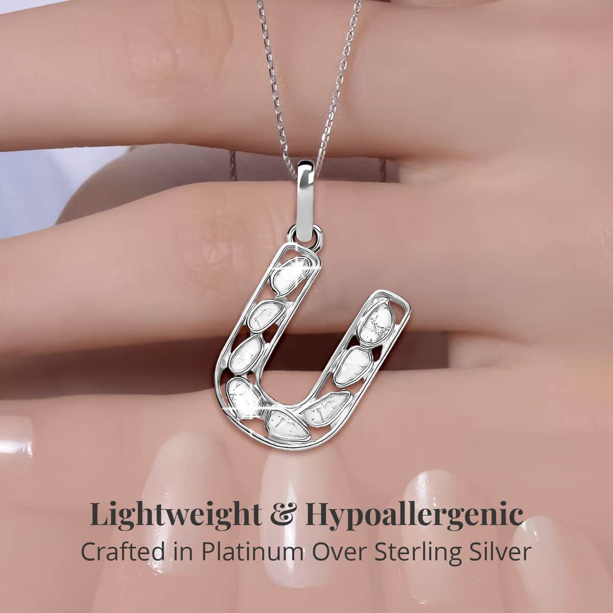 Natural Uncut Polki Diamond Initial U Pendant Necklace (20 Inches) in Platinum Over Sterling Silver image number 2