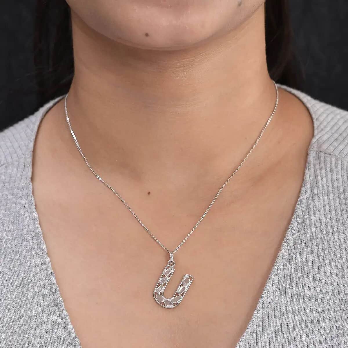 Natural Uncut Polki Diamond Initial U Pendant Necklace  in Platinum Over Sterling Silver 20 Inches 0.50 ctw image number 6