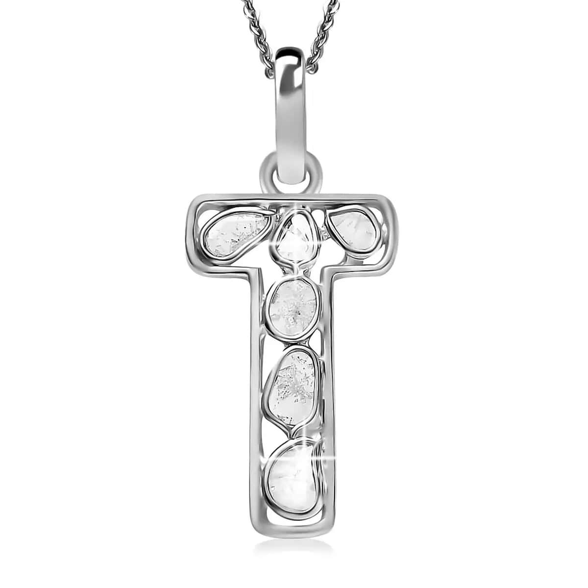 Artisan Crafted Polki Diamond Initial T Pendant Necklace (20 Inches) in Platinum Over Sterling Silver image number 0