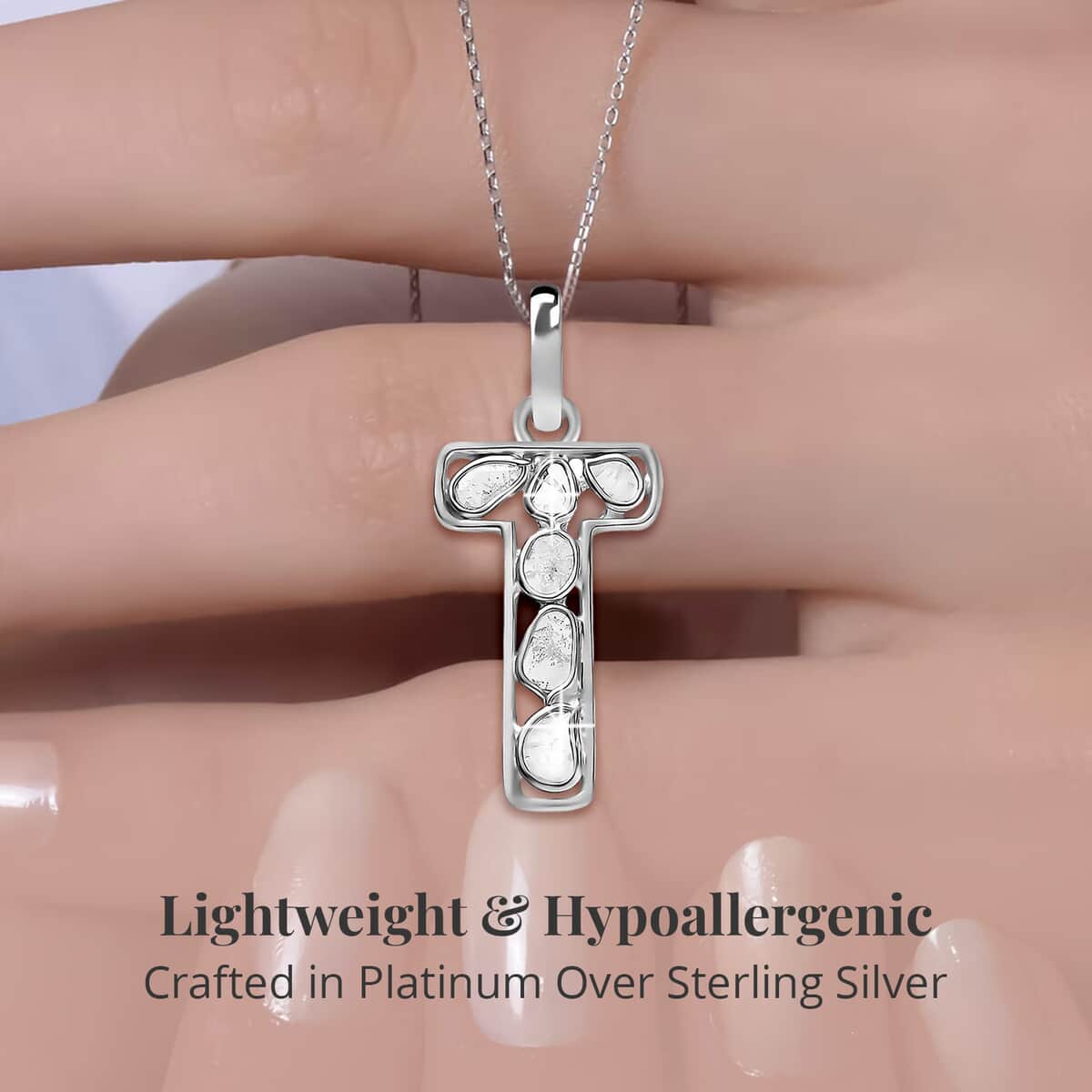 Artisan Crafted Polki Diamond Initial T Pendant Necklace (20 Inches) in Platinum Over Sterling Silver image number 2